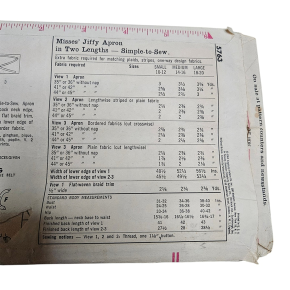 Vintage 1964 Simplicity Jiffy Apron Pattern #5763 Med 14-16 Easy Cut Easy Sew - Picture 2 of 5